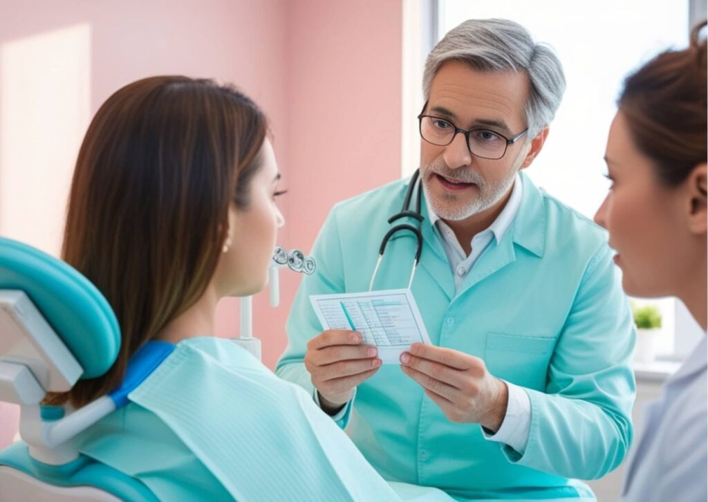 Dentist discussing safe and biocompatible dental materials with a patient during a restorative treatment consultation