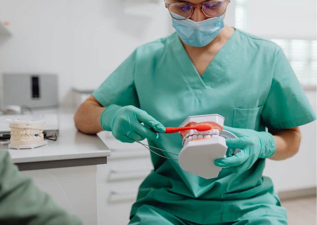 Dentist demonstrating proper brushing techniques on a dental model to help prevent and treat gingivitis.